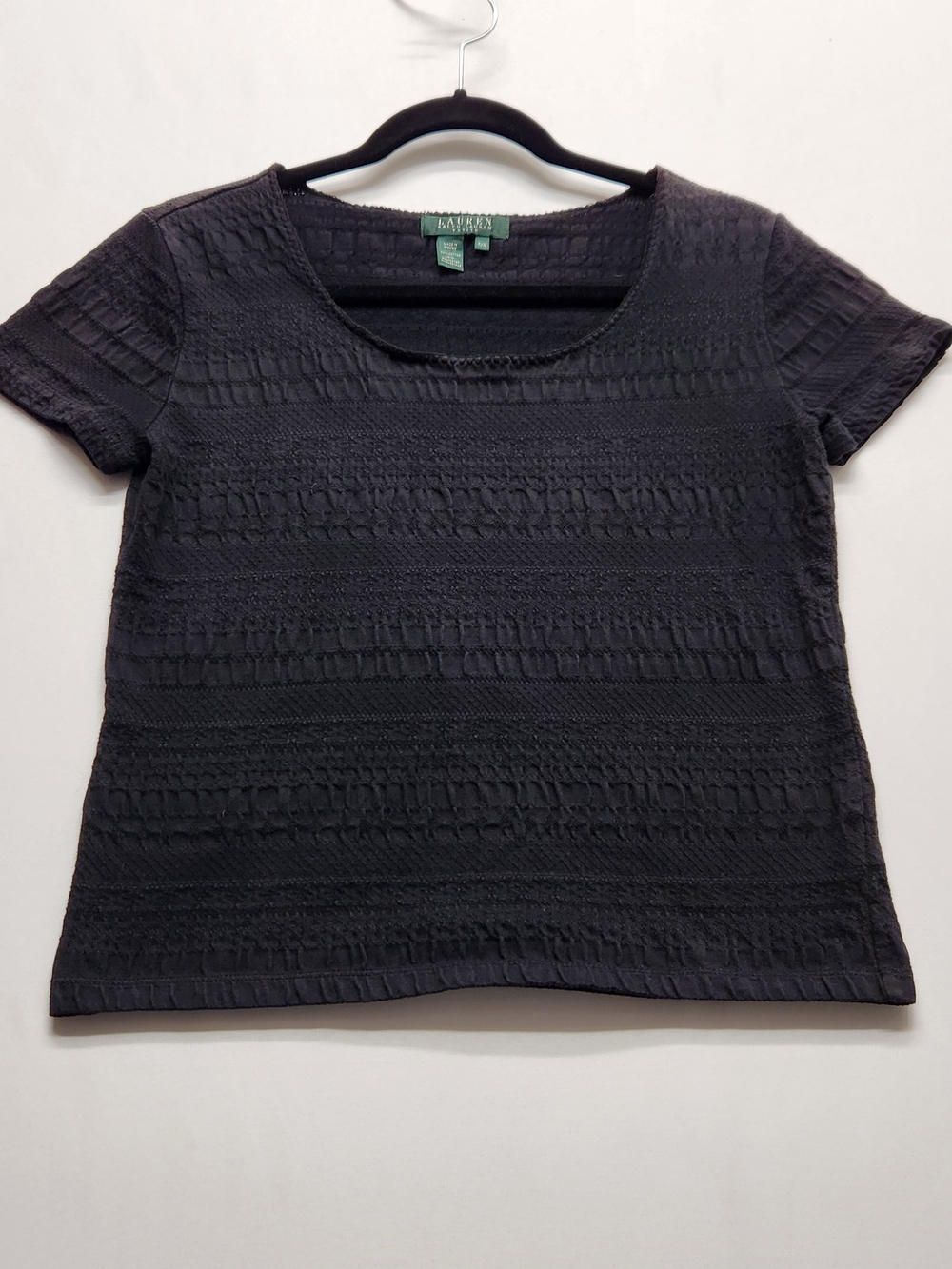 ⭐️Lauren Ralph Lauren Black Seersucker Textured Smocked Scoop Neck Petite Medium